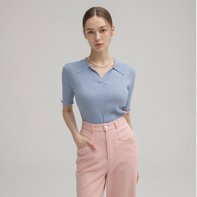 (T-6404) Caraneck wave embroidery golji knit