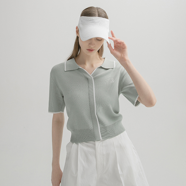 (T-6407) Minimal line color blocking collar knit