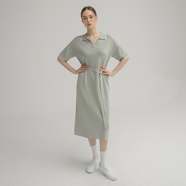 (OP-5902) Minimal Line Color Block Collar Knit One Piece S