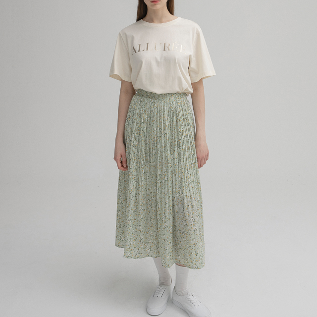 (SK-4655)Floral Pleated Banding Skirt