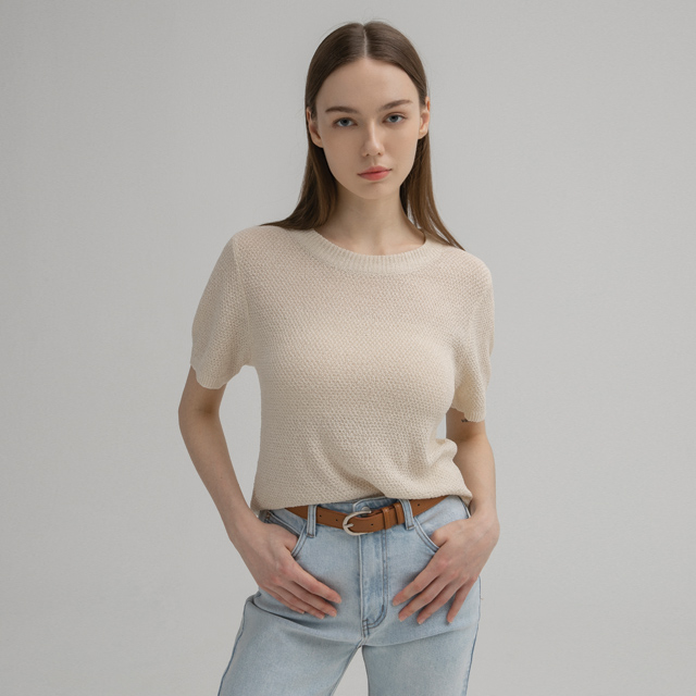 (T-6411) Solid waffle round neck knit