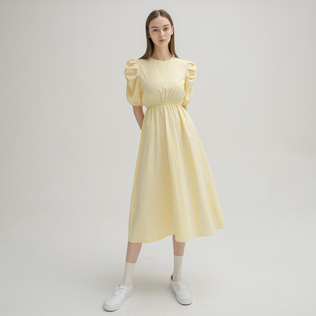 (OP-5953) Puff sleeve check one-piece dress