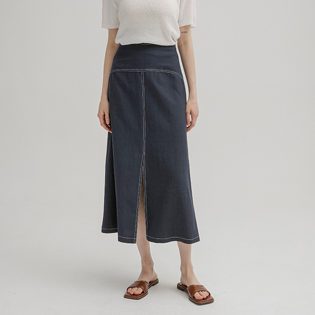 (SK-4615) Linen color stitch A-line long skirt