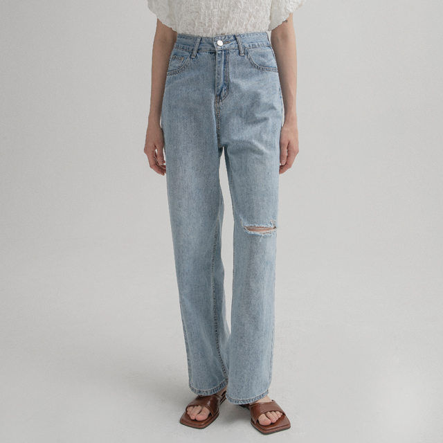 (PT-5337)Casual Destroyed Wide Denim Pants