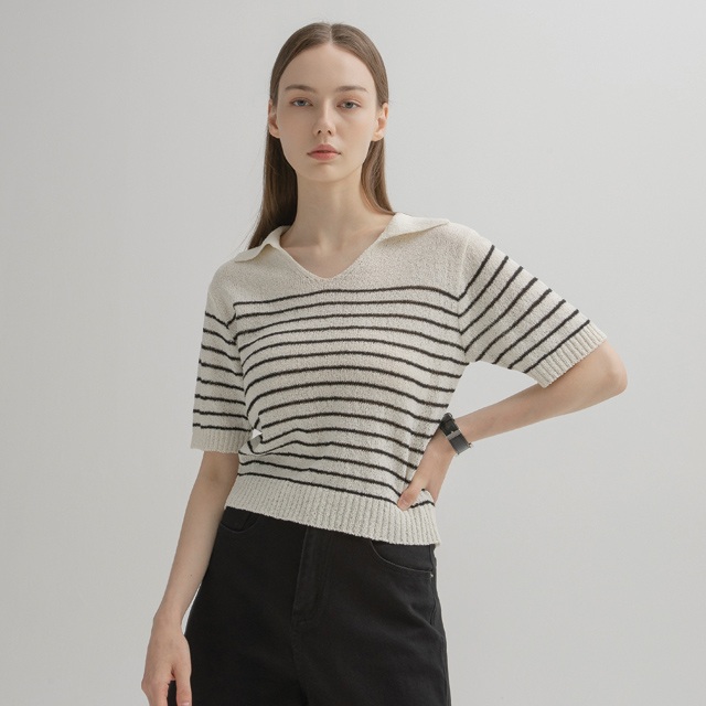 (T-6566) Open collar stripe knit
