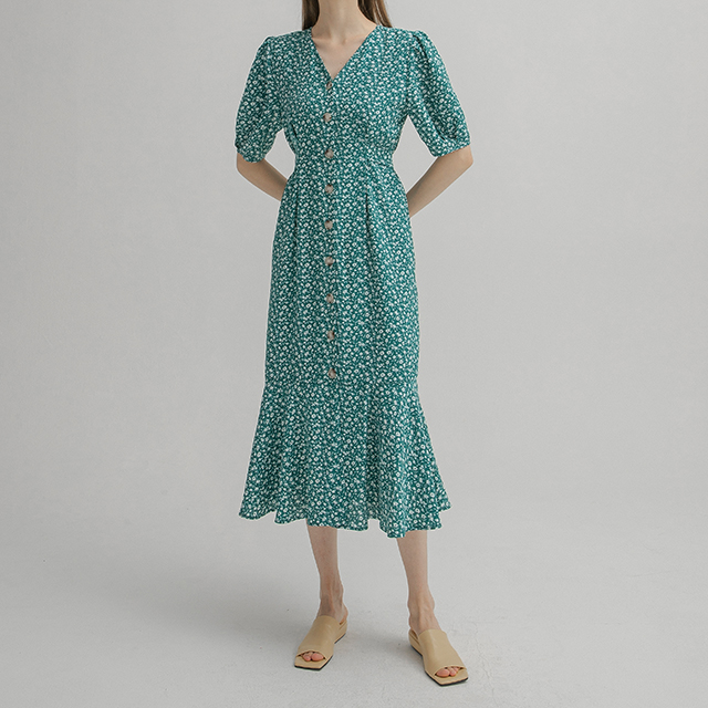 (OP-5945) V-neck puff floral one-piece