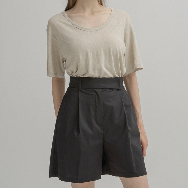 (T-6559)Linen loose wide neck tee