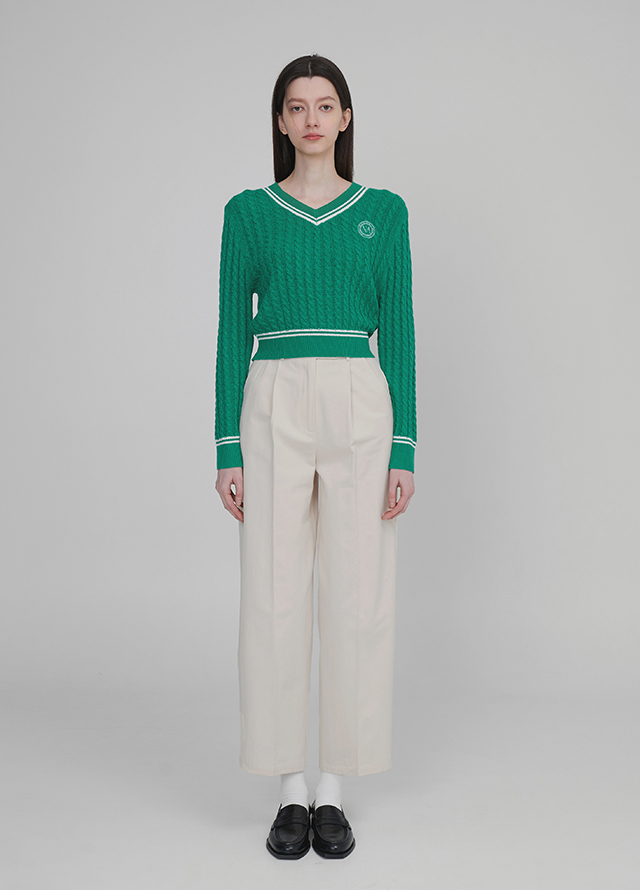 (T-6610) Cable Prep Embroidered V-Neck Knit Korea
