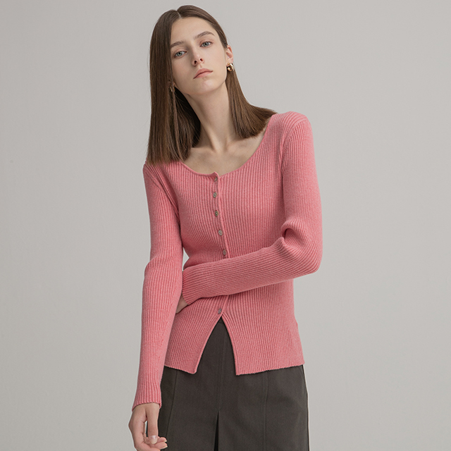 (CD-1984)U-neck slim fit rib knit cardigan