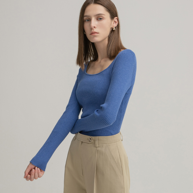 (T-6585) Slim square neck rib knit
