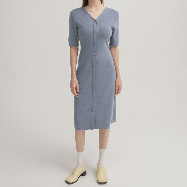 (OP-5963) V-neck hairy slim knit one-piece