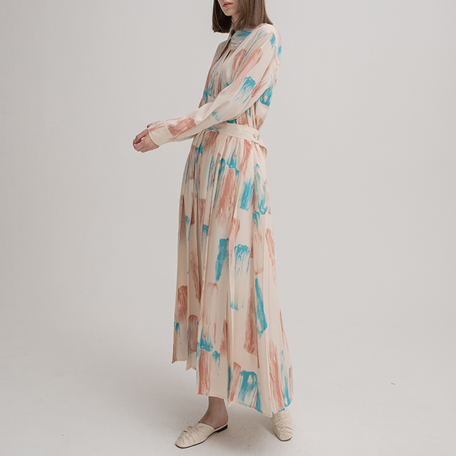 (SK-4696)Water Painting Set-up Pleated Skirt