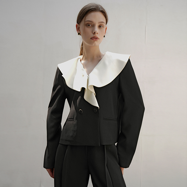 (JK-2751) Roe Set-up Color Block Frill Crop Jacket S