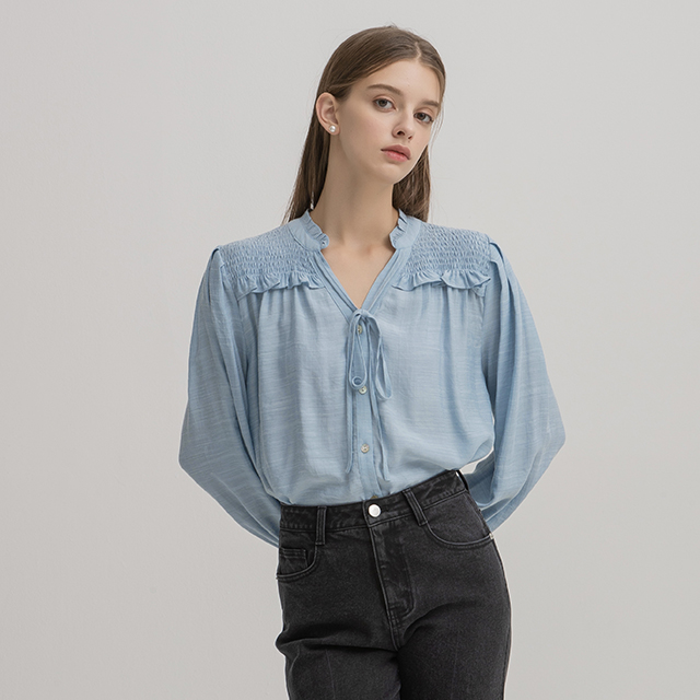 (BL-4075) Puff Sleeve Smoking Blouse