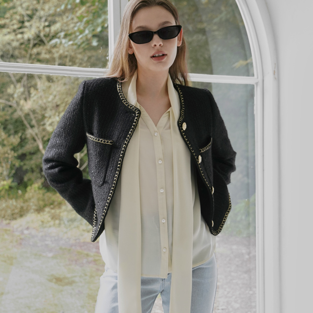 (BL-4073) See-through tie slip set blouse S