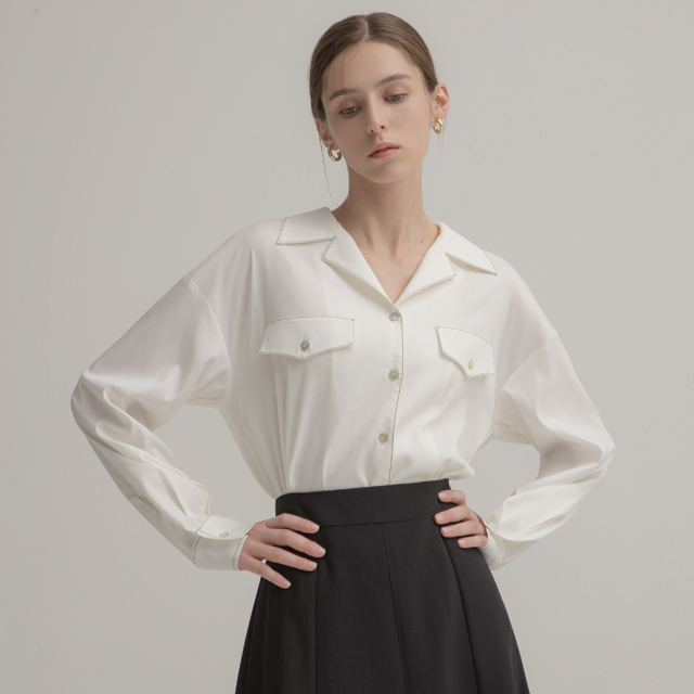 (BL-4077) Stitch Point Open Collar Blouse