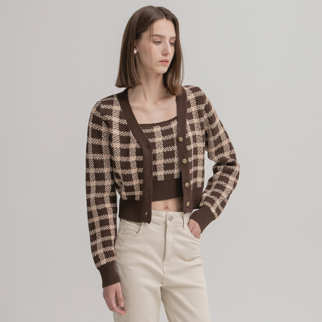 (CD-2004) Check Crop Knit Top Cardigan Set S