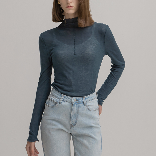 (T-6544) Half-neck slim see-through tee