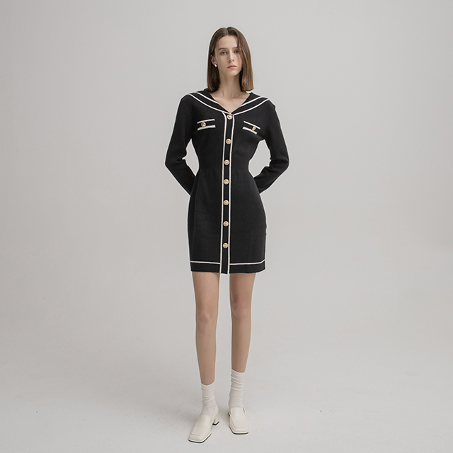 (OP-5967) Color-block sailor collar knit one-piece