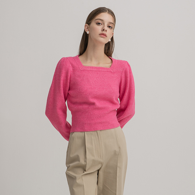 (T-6547) Square neck sleeve volume crop knit