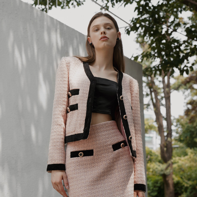 (JK-2747) Noble Set-up Color Block Tweed Jacket