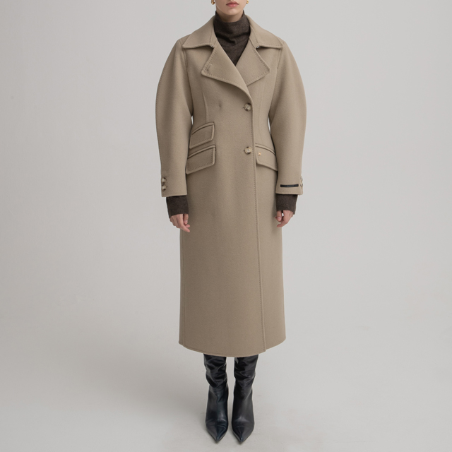 (CT-1404) Wool 100 Hourglass Handmade Coat Khaki Beige