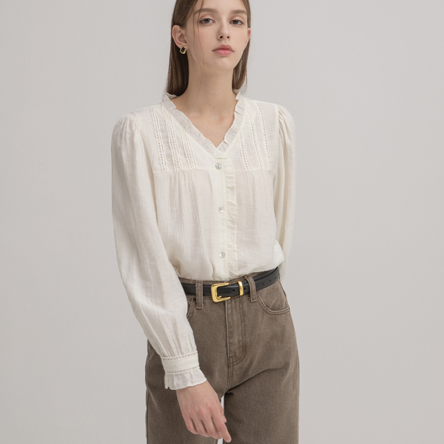 (BL-4074) Natural V-neck Frill Blouse
