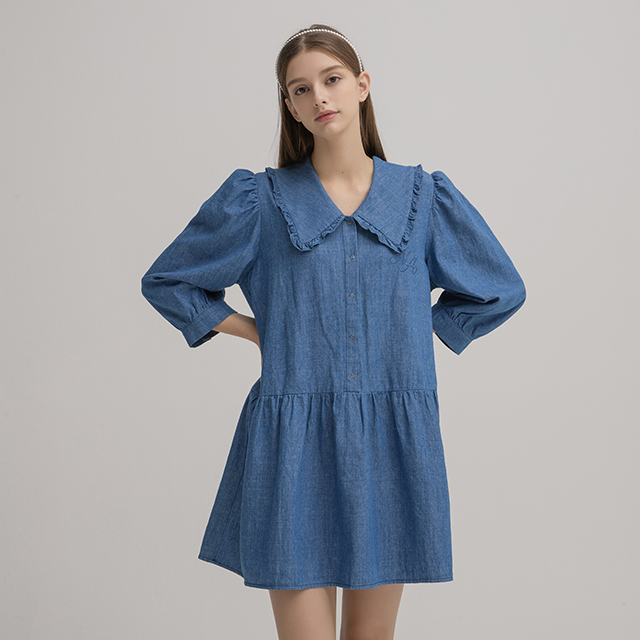 (OP-6005) Frill Big Collar Embroidered Denim One Piece