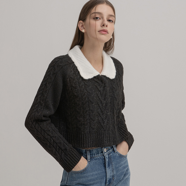 (CD-1981) Scallop Collar Cable Knit Cardigan