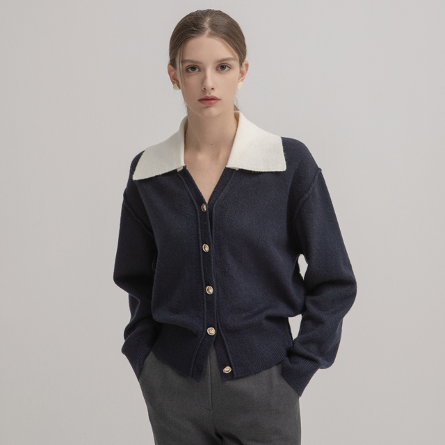 (CD-1978)Hairy Collar Color Block Knit Cardigan