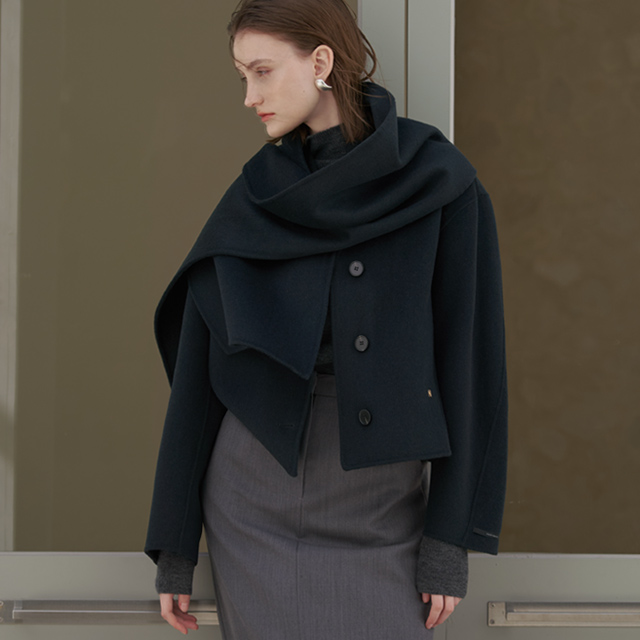 (JK-2720) Wool Minimal Muffler Set Handmade Crop Jacket S