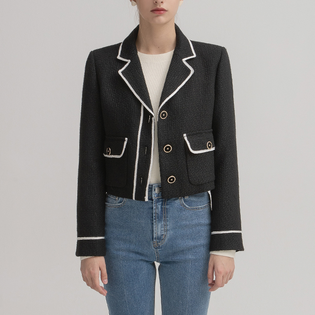 (JK-2749) Flim color lining tweed crop jacket