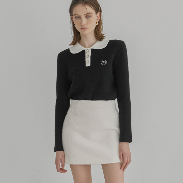 (T-6581)May color block collar embroidery knit