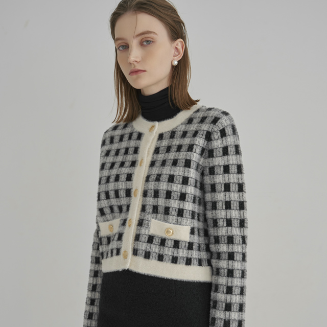 (JK-2777) Check Fake Angora Crop Knit Jacket