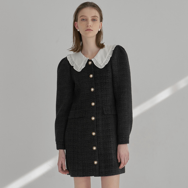 (OP-6000) Frill color block collar tweed one-piece