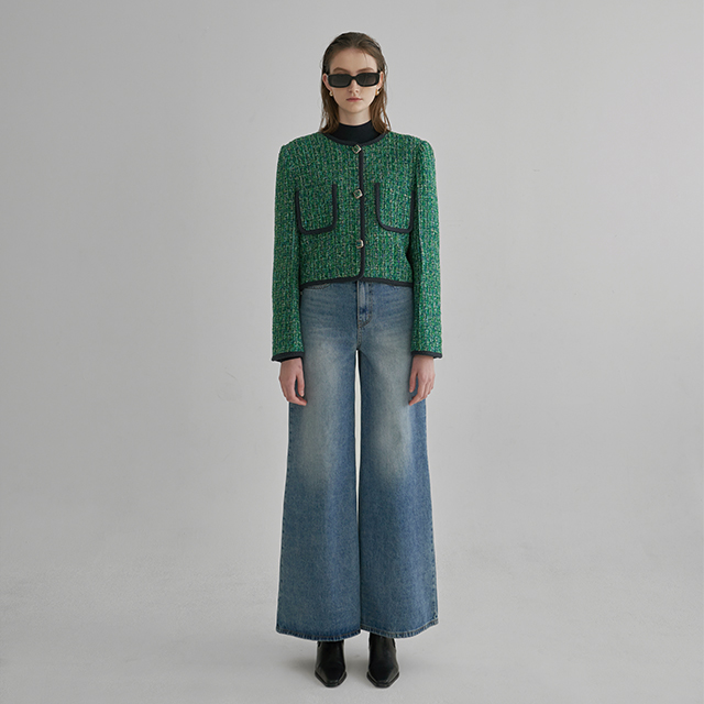(JK-2776) Wool Tweed Structure Crop Jacket
