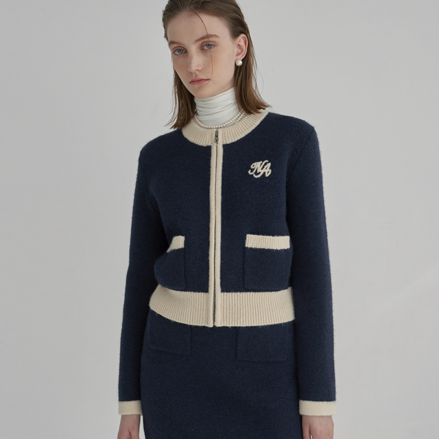 (JK-2778) Chloe Hairy Color Block Set-up Knit Jacket