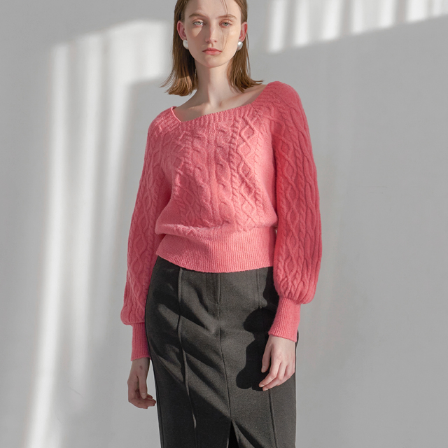(T-6624) Romantic Square Neck Cable Knit