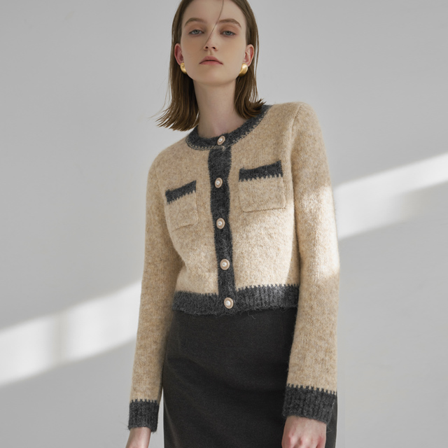 (CD-2034) Wool Hairy Pocket Line Knit Cardigan