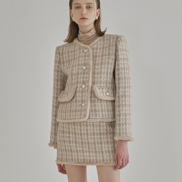 (SK-4720) Wool Vera Set-up Fur Trimming Tweed Skirt