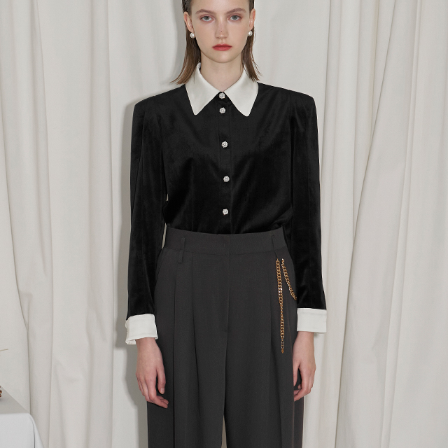 (BL-4098) Blanc Satin Color Block Velvet Blouse