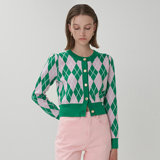 (CD-2026) Argyle Color Mix Knit Cardigan