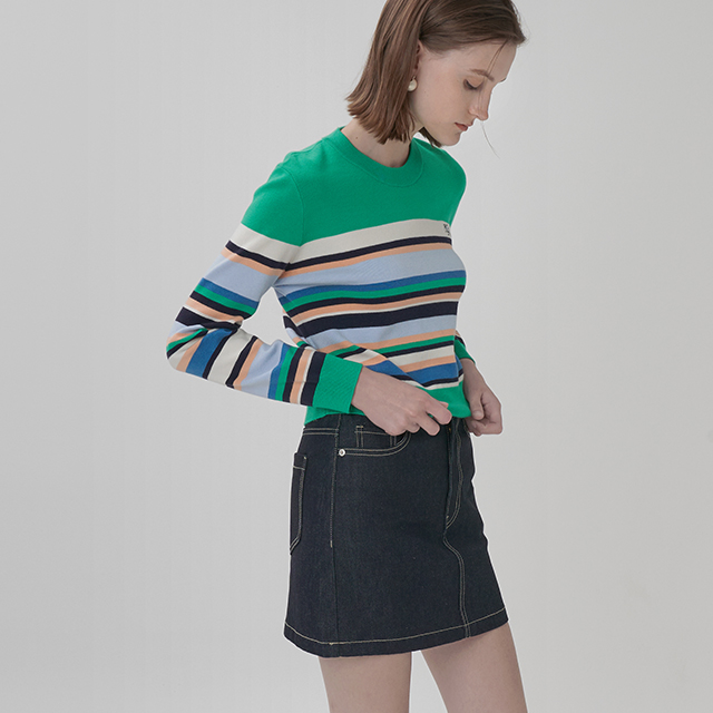 (T-6613) Multi-stripe logo embroidery crop knit