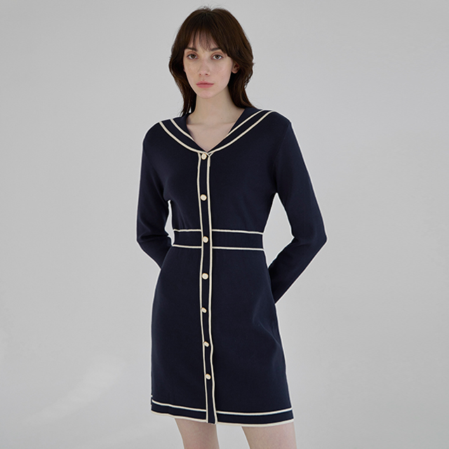(OP-6023) Sailor collar color point knit one-piece