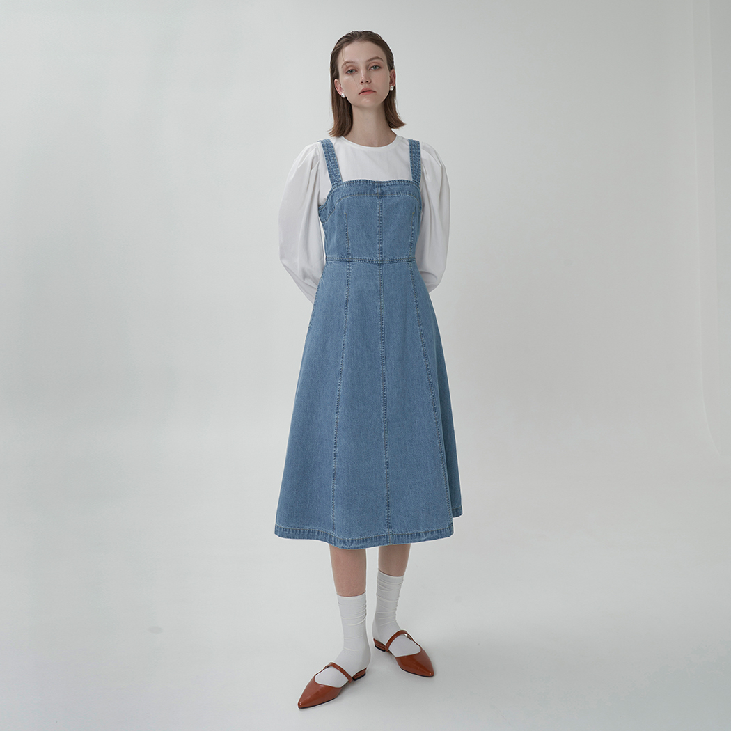 (OP-6026) Flare Layered Long Denim One Piece