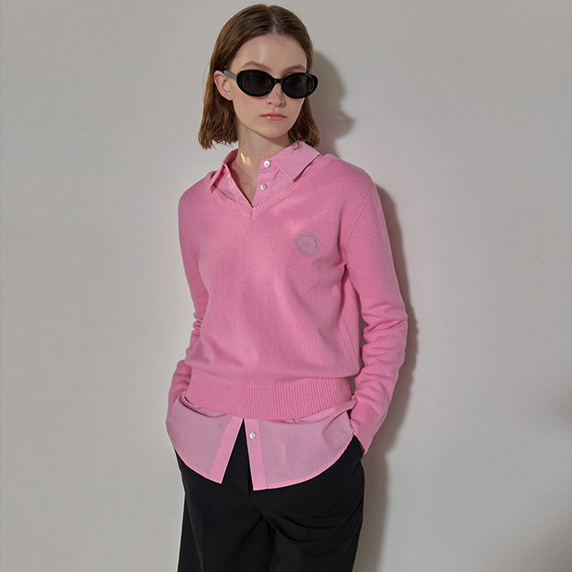 (T-6614) Preppy Wide V-Neck Embroidered Knit