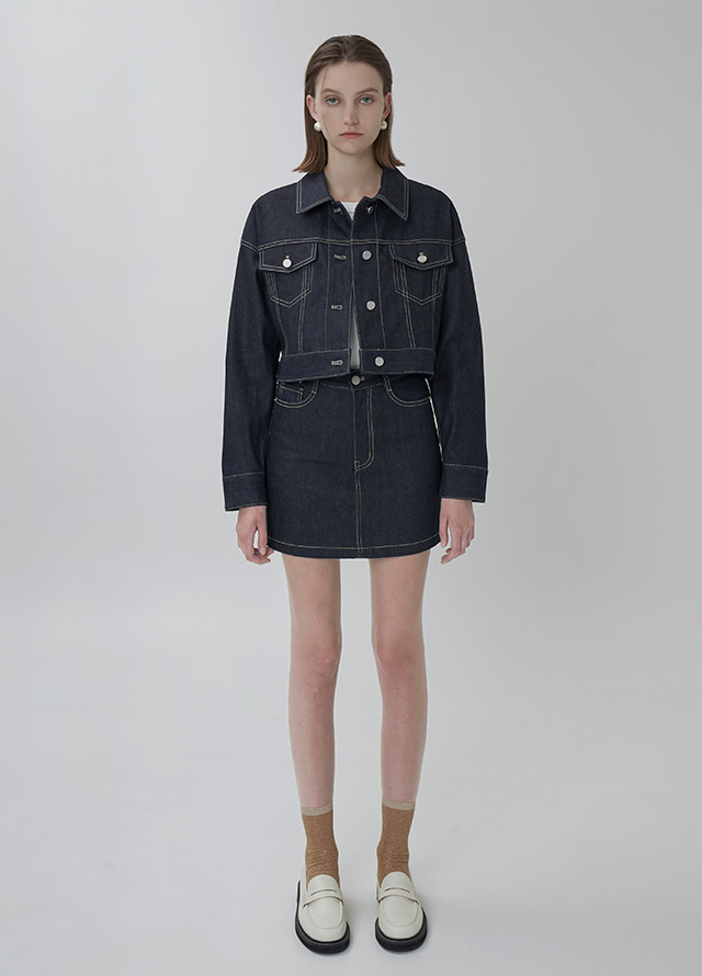 (JK-2800) Selvage Set-up Trucker Crop Denim Jacket Korea