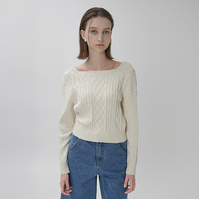 (T-6615) Square Neck Cable Puff Knit Top Korea