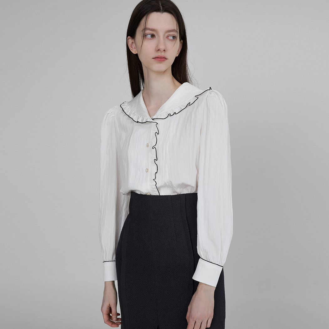 (BL-4118) Sailor Frill Collar Color Block Volume Blouse