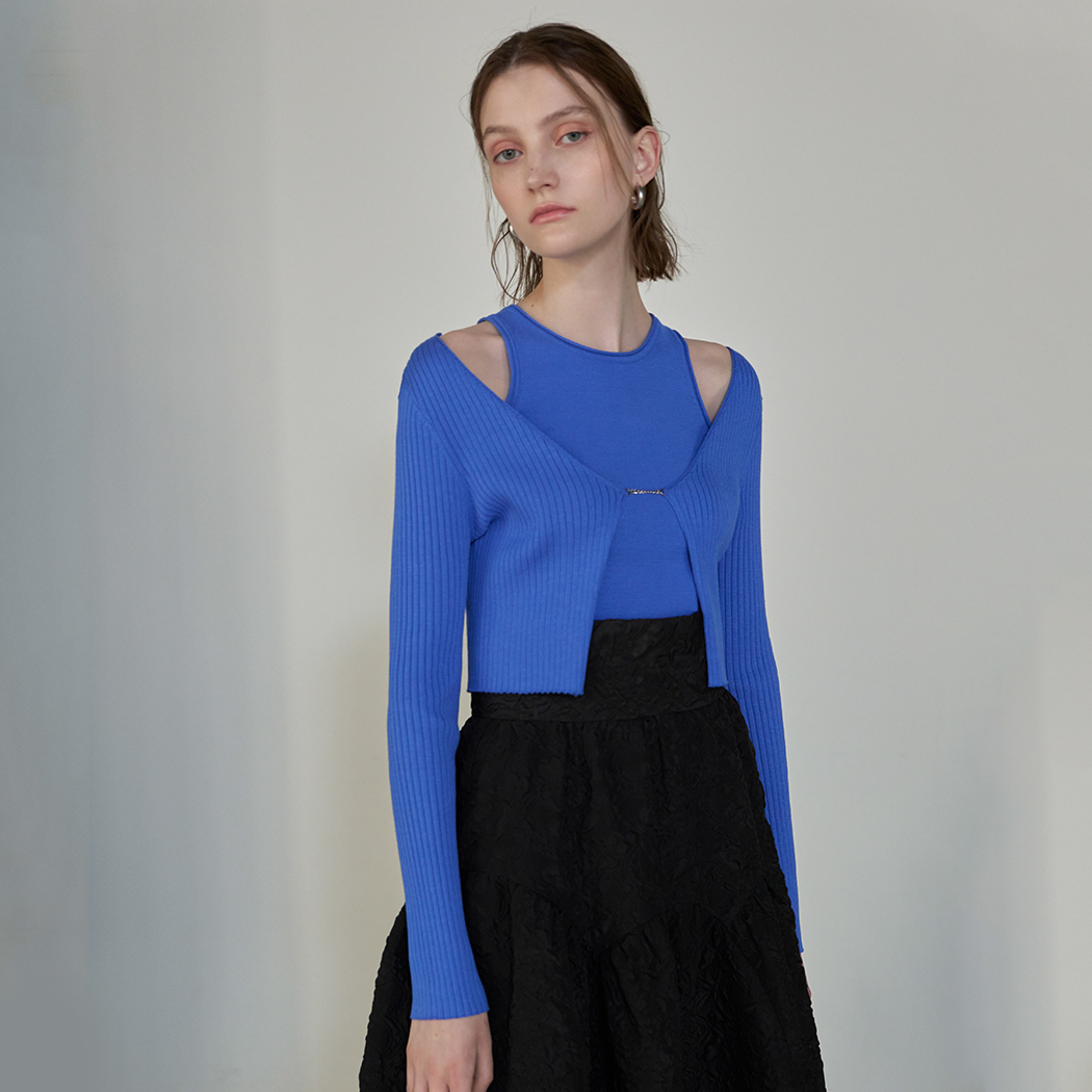 (CD-2030) New trend slim golji crop knit top cardigan set S